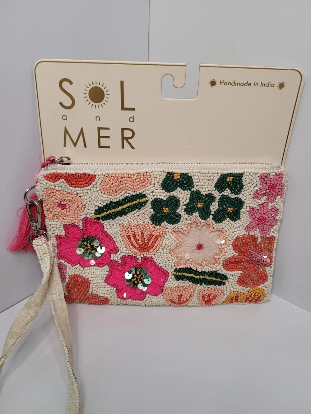 👉✨️ Sol and Mer Floral Beaded Wristlet Pouch - Pink & Cream